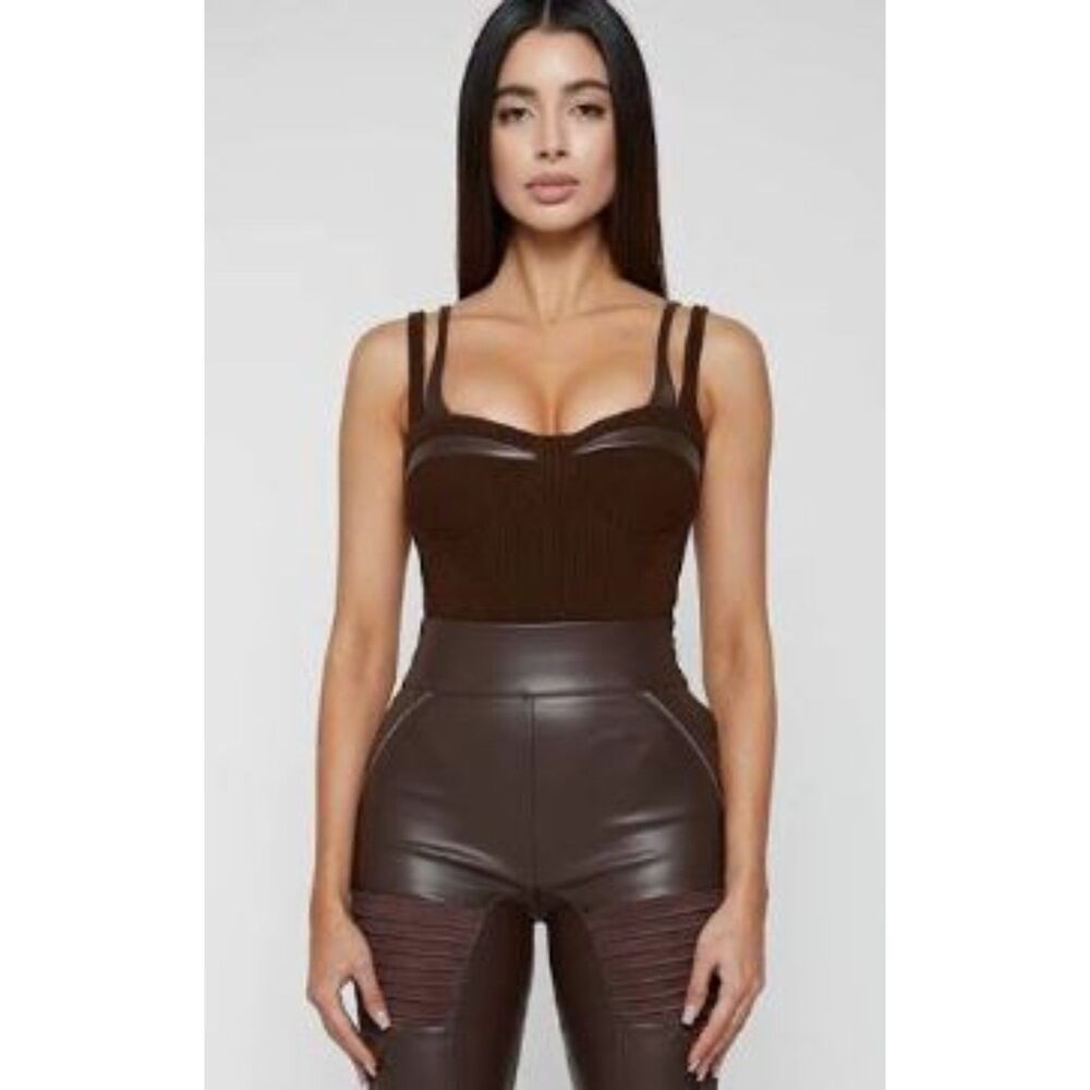 Manière de Voir Twin Strap Ribbed Bodysuit46 Vegan Leather Brown Size 12 NWT